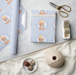 Schattig Baby Beer Blue Gingham Cadeaupapier
