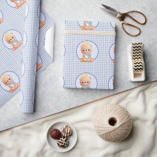 Schattig Baby Beer Blue Gingham Cadeaupapier (Crafts)