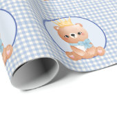 Schattig Baby Beer Blue Gingham Cadeaupapier (Rol Hoek)