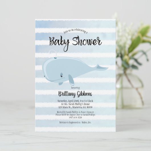 Schattig baby blauw walvis gestreept Baby shower Kaart (Staand voorkant)