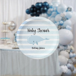 Schattig baby blauw walvis gestreept Baby shower Papieren Bordje