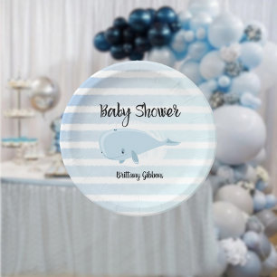 Schattig baby blauw walvis gestreept Baby shower Papieren Bordje