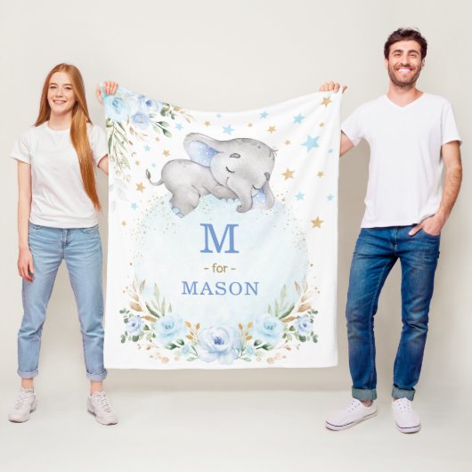 Schattig Baby Boy Olifant Blauw Goud Sterren Bloem Fleece Deken (In situ)