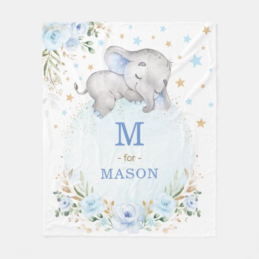 Schattig Baby Boy Olifant Blauw Goud Sterren Bloem Fleece Deken (Voorkant)
