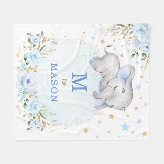 Schattig Baby Boy Olifant Blauw Goud Sterren Bloem Fleece Deken (Voorkant (Horizontaal))