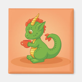Schattig baby draakje houdt kopje vast op oranje magneet