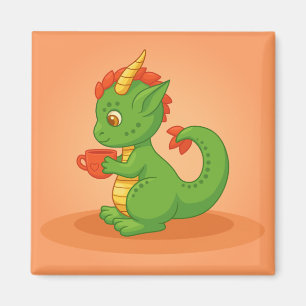 Schattig baby draakje houdt kopje vast op oranje magneet