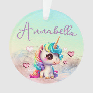 Schattig Baby Eenhoorn en Hartjes op Regenboog Ornament