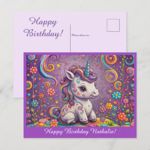 Schattig Baby Eenhoorn Paarse Verjaardagsgroet Briefkaart