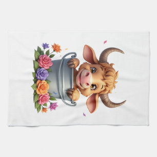 Schattig baby-hooglandkoe met bloemen Kalf Dier co Theedoek