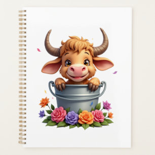 Schattig baby-hooglandkoetje met bloemen Kalf Dier Planner