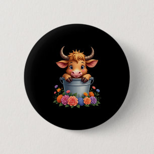 Schattig baby-hooglandrund met bloemen Kalf Dier c Ronde Button 5,7 Cm