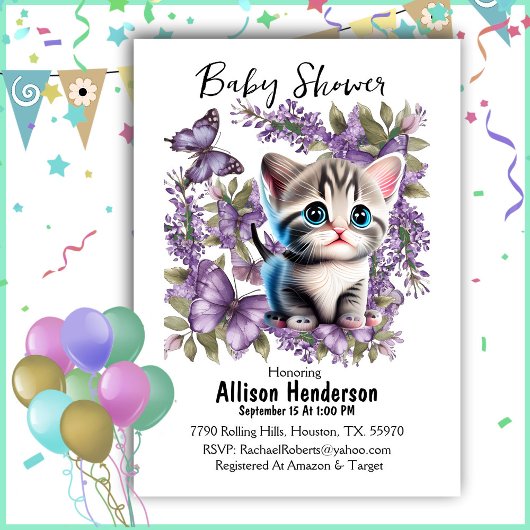 Schattig Baby kitten en vlinders Baby shower Kaart