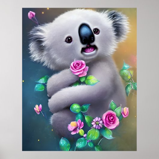 Schattig Baby Koala-Beer met bloemen Poster (Voorkant)
