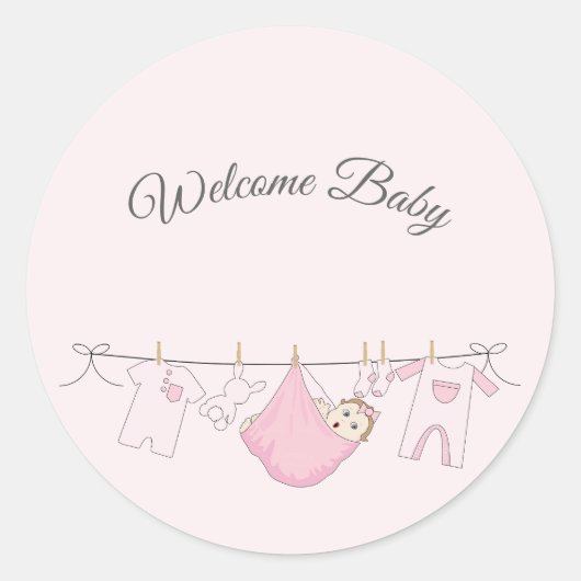 Schattig Baby Meisje Douche in Roze en Grijs Ronde Sticker (Voorkant)