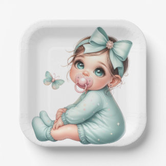 SCHATTIG BABY MEISJE GEKLEED IN GROEN PAPIEREN BORDJE