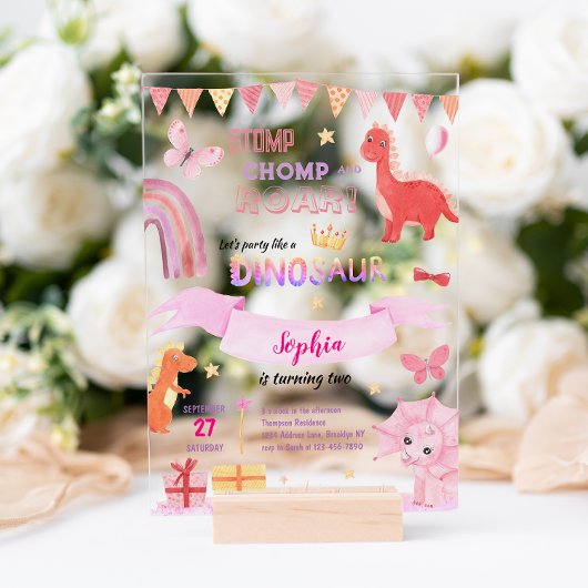 Schattig Baby Meisje Roze Dino Dinosaur Kinderen V Acryl Uitnodigingen