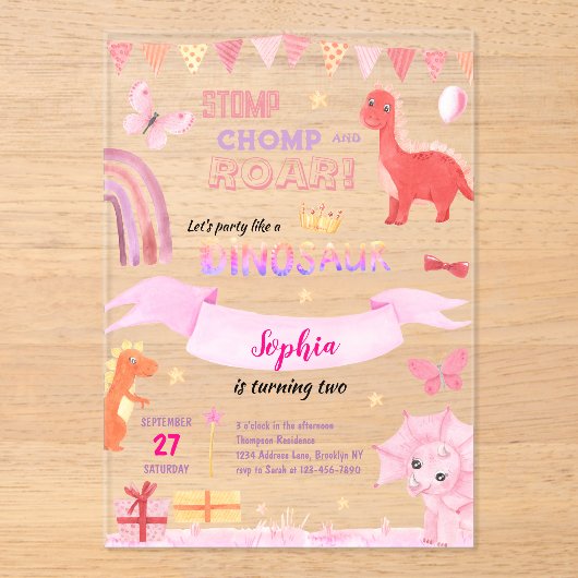 Schattig Baby Meisje Roze Dino Dinosaur Kinderen V Acryl Uitnodigingen (Voorkant)