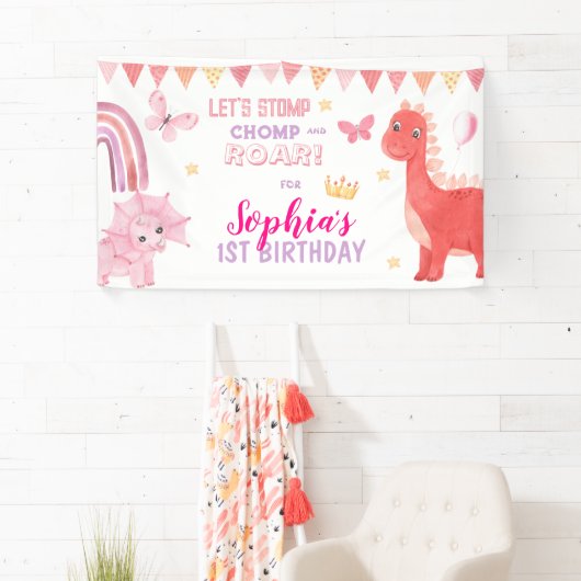 Schattig Baby Meisje Roze Dino Dinosaur Kinderen V Spandoek (Insitu)