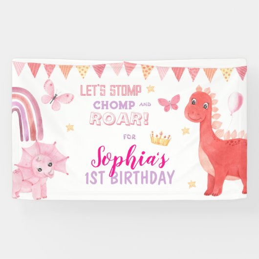 Schattig Baby Meisje Roze Dino Dinosaur Kinderen V Spandoek (Horizontaal)