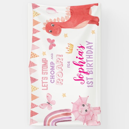 Schattig Baby Meisje Roze Dino Dinosaur Kinderen V Spandoek (Verticaal)