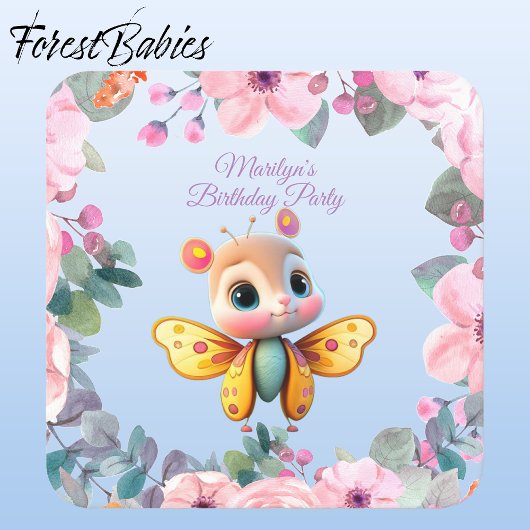 Schattig Baby Meisje Vlinder Kind Verjaardagsfeest Vierkante Sticker