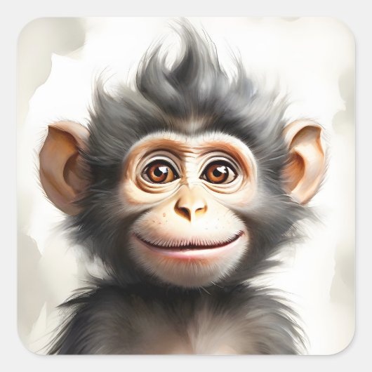 Schattig Baby Monkey Happy Smiling Portret Vierkante Sticker (Voorkant)