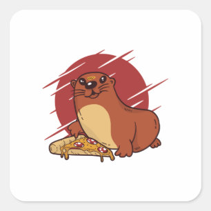 Schattig Baby Otter Eet Lekkere Pizza Ontwerp Vierkante Sticker