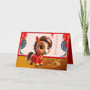 Schattig Baby Paard Chinees Nieuwjaar 2026 met tek Feestdagen Kaart