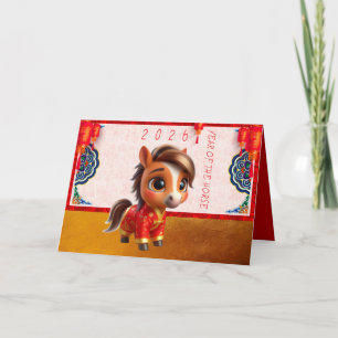 Schattig Baby Paard Chinees Nieuwjaar 2026 met tek Feestdagen Kaart