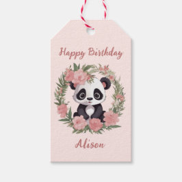 Schattig Baby Panda Beer met bloemen Cadeaulabel