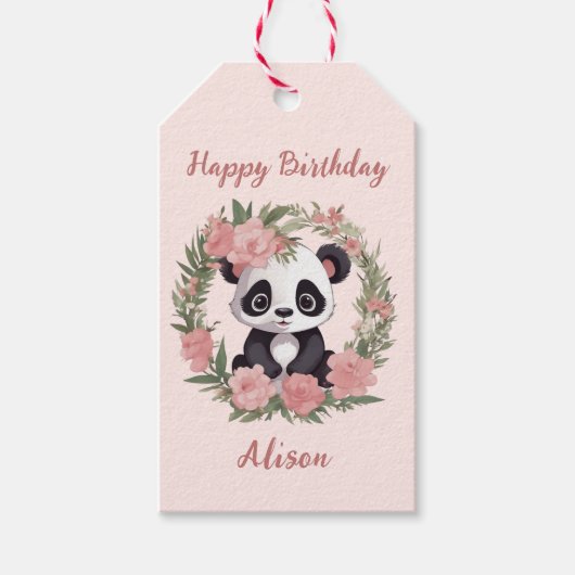 Schattig Baby Panda Beer met bloemen Cadeaulabel (Voorkant)