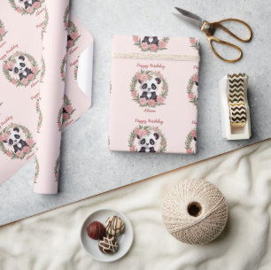 Schattig Baby Panda Beer met bloemen Cadeaupapier