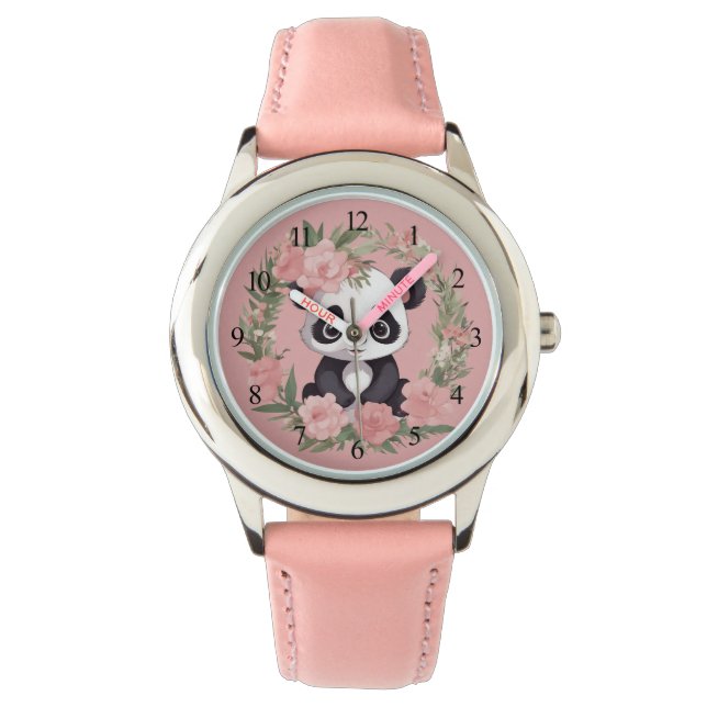 Schattig Baby Panda Beer met bloemen Horloge (Voorkant)
