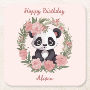Schattig Baby Panda Beer met bloemen Kartonnen Onderzetters