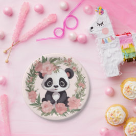 Schattig Baby Panda Beer met bloemen Papieren Bordje