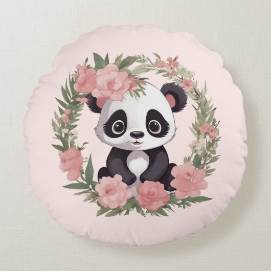 Schattig Baby Panda Beer met bloemen Rond Kussen (Voorkant)
