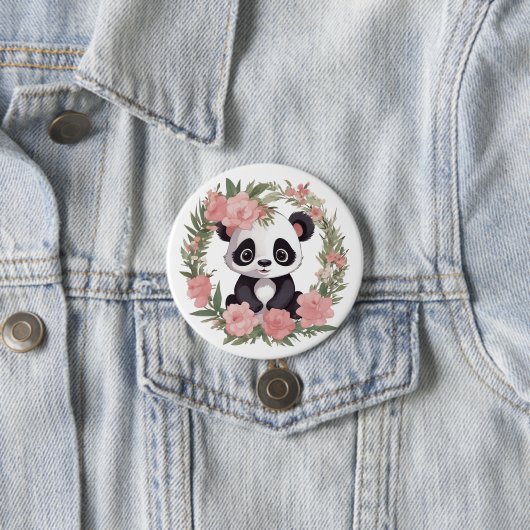 Schattig Baby Panda Beer met bloemen Ronde Button 7,6 Cm (In situ)