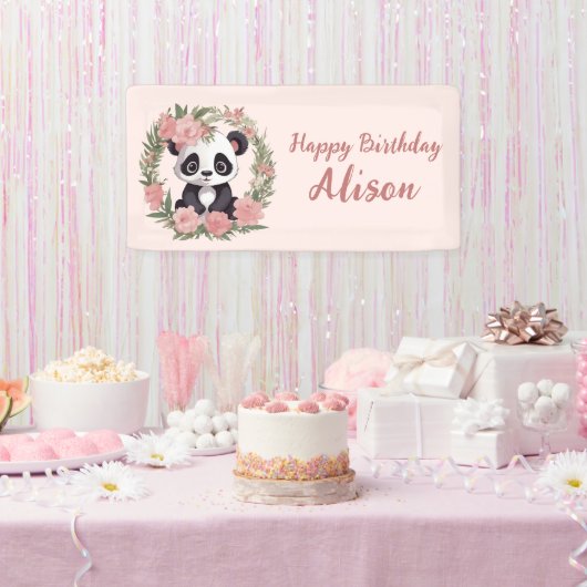 Schattig Baby Panda Beer met bloemen Spandoek (Feest)