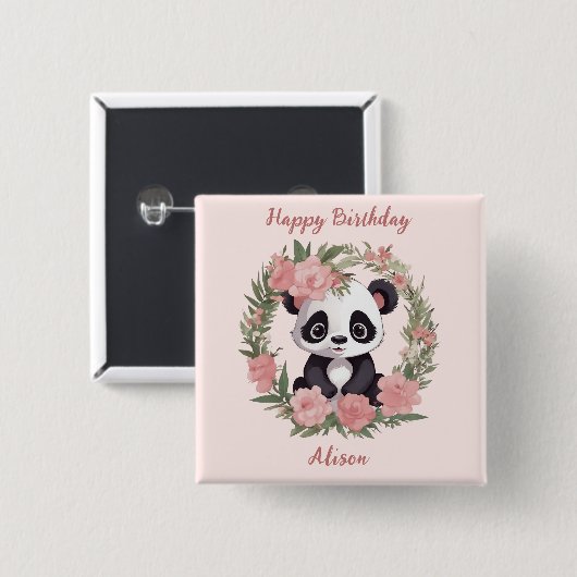 Schattig Baby Panda Beer met bloemen Vierkante Button 5,1 Cm (Voorkant /achterkant)