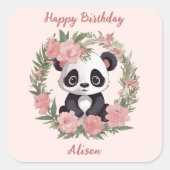 Schattig Baby Panda Beer met bloemen Vierkante Sticker (Voorkant)