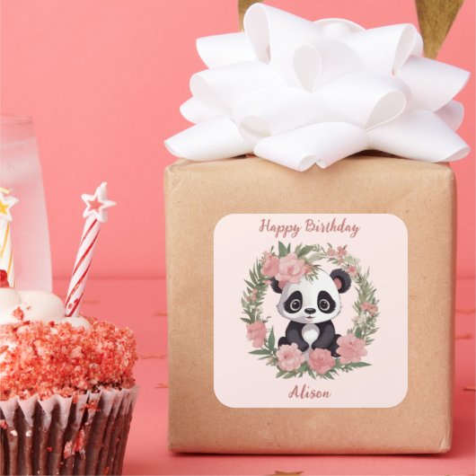 Schattig Baby Panda Beer met bloemen Vierkante Sticker (Feest)