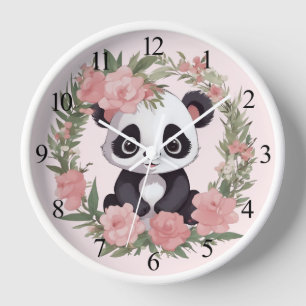 Schattig Baby Panda Beer met Bloemen Wandklok