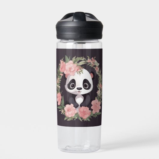 Schattig Baby Panda Beer met bloemen Waterfles (Voorkant)