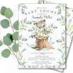 Schattig Baby Raccoon en Baby shower Mam Woodland Kaart<br><div class="desc">Kute baby shower-uitnodiging met zoete baby-wasbeer met moeder die op een boomstoom zit en met natuurlijke groene waterverf bladeren op een witte achtergrond is omhuld. Draai onze uitnodiging om een bijpassend groen blad terug te uitzichten voor een extra speciale aanraking..</div>