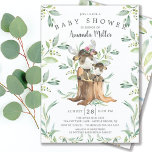 Schattig Baby shower van Baby en mam Kaart<br><div class="desc">Kute baby shower-uitnodiging met zoete baby met moeder die op een boomstoom zit en met natuurlijke groene waterverf bladeren op een witte achtergrond is omhuld. Draai onze uitnodiging om een bijpassend groen blad terug te uitzichten voor een extra speciale aanraking..</div>
