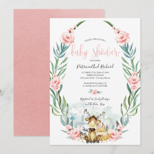 Schattig Baby shower Woodland Floral Greenery Kaart (Voorkant / Achterkant)