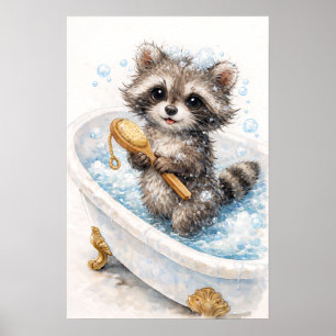Schattig Baby Wasbeer in Bubbelbad Poster