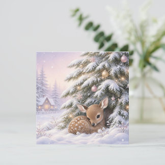 Schattig babyhertje naast een besneeuwde kerstboom feestdagenkaart
