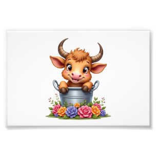 Schattig babyhooglandkoetje met bloemen Kalf Dier  Foto Afdruk